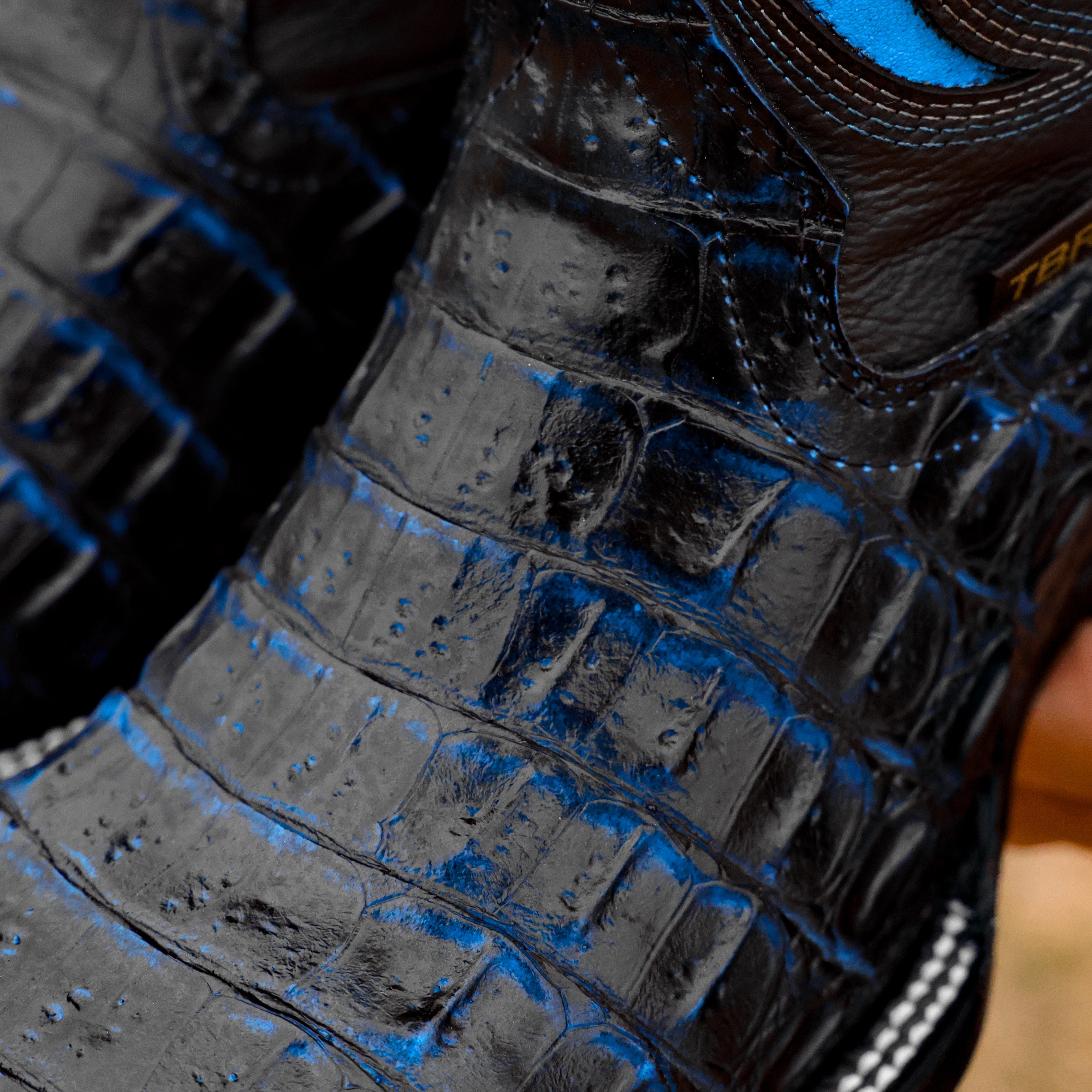 Black/Blue Caiman Hornback Leather Boots - Square Toe