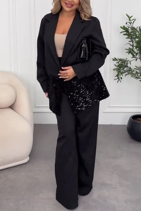 Women Elegant Sequined Suit + Wide-Leg Pants Suit