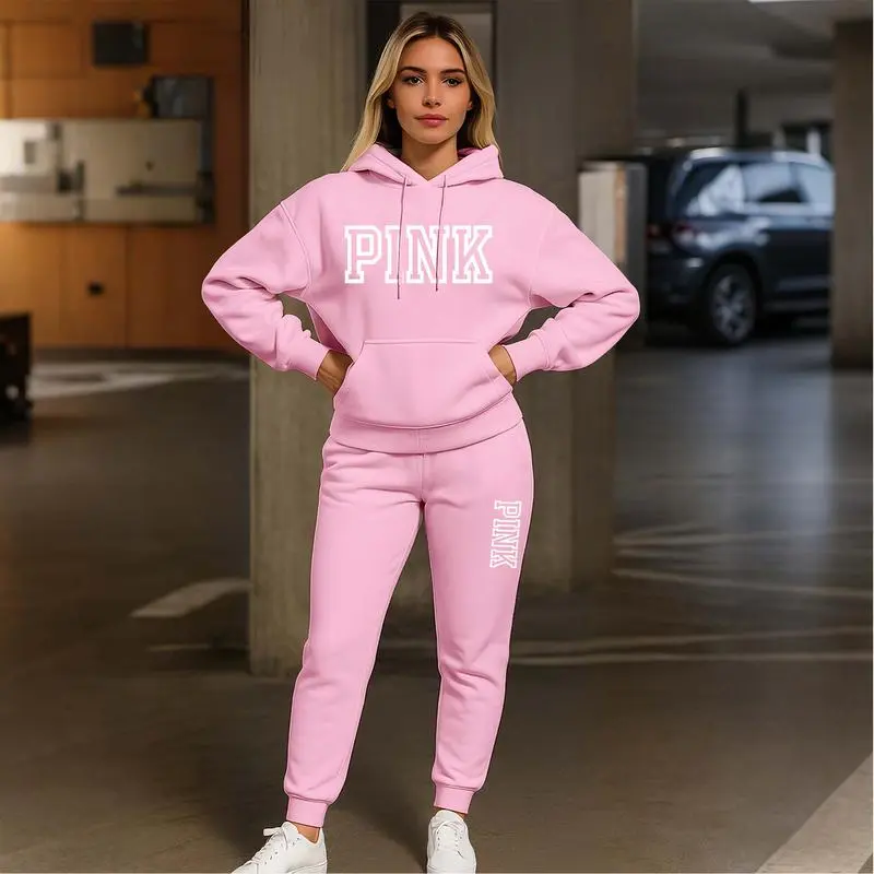 Women's Pink Print Hoodie And Drawstring Track Pants Set, Casual Sportswear