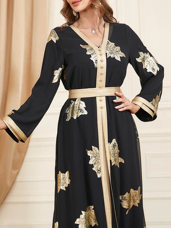 Belted Muslim Printed Split-Front Long Sleeves V-Neck Two Pieces Set Maxi Dresses