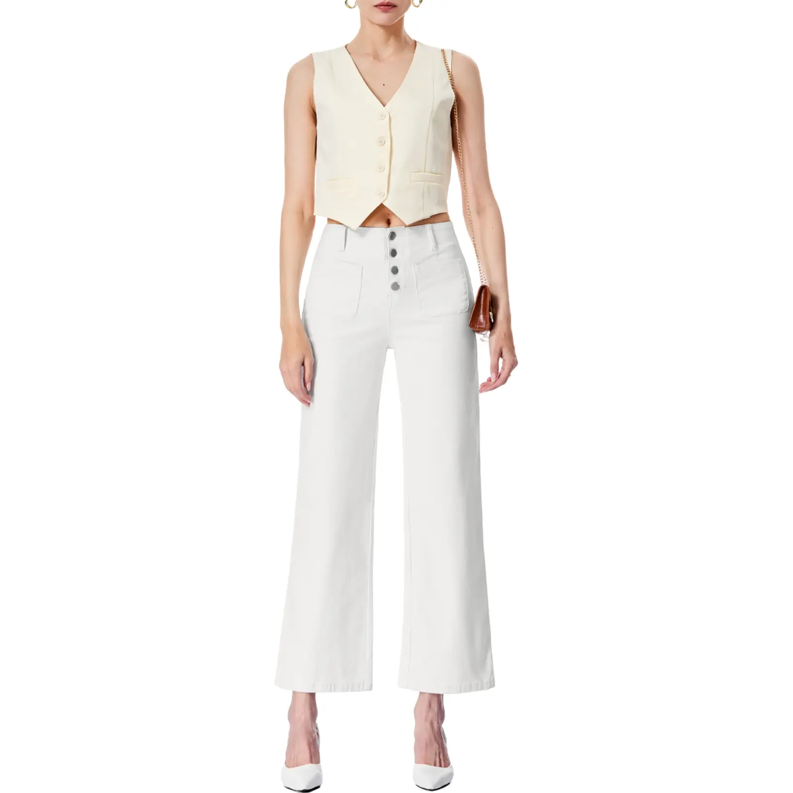 Women's Wide Leg Jeans High Waisted  Stretchy Straight Leg Jeans Buttoned Loose Denim Pants with Pocket