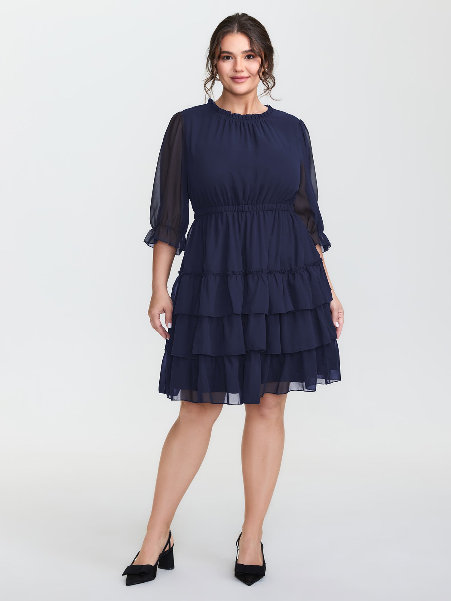 Three-Quarter Sleeve Tulle Skirt Knee-Length Dress