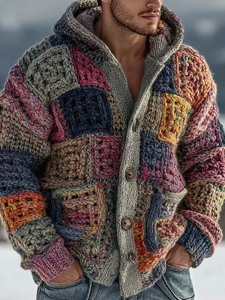Men's Retro Geometric Knitted Warm Button Hooded Sweater