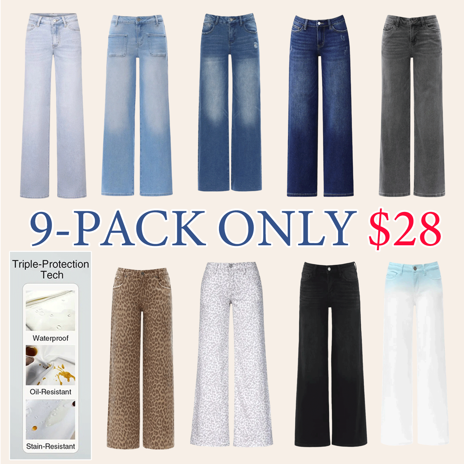 Women’s Mid-Low Rise Baggy Distressed Jeans – Stretchy Wide Leg Denim Pants