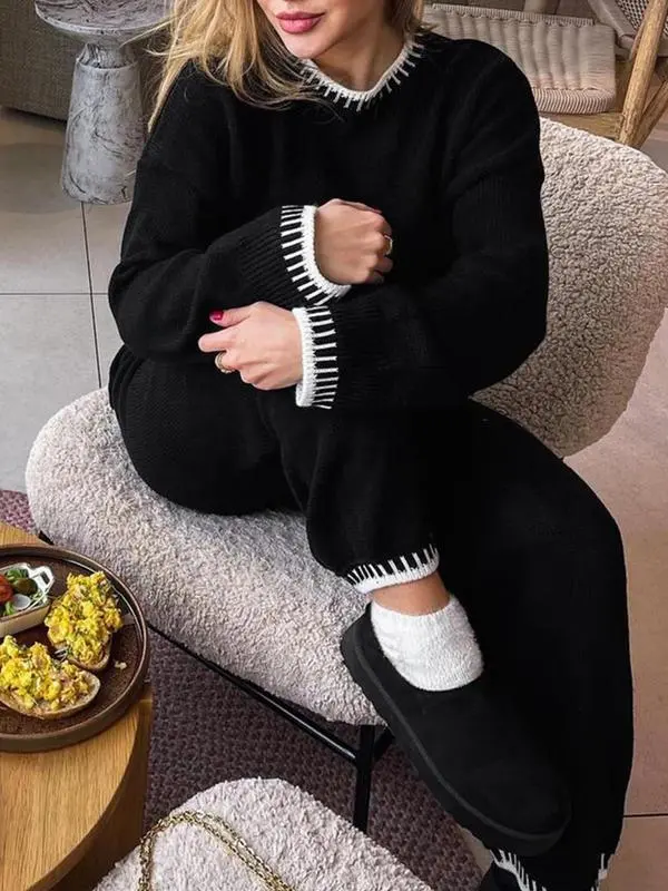 Women's Round Neck Colorblock Sweater Top and Long Sweatpants Set