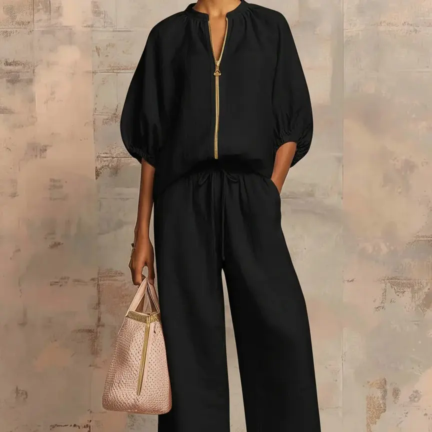 Women's Matching Lounge Set Quarter Zip Pullover Top Loose Wide Leg Pants 2 Piece Sweatsuit Casual Outfit