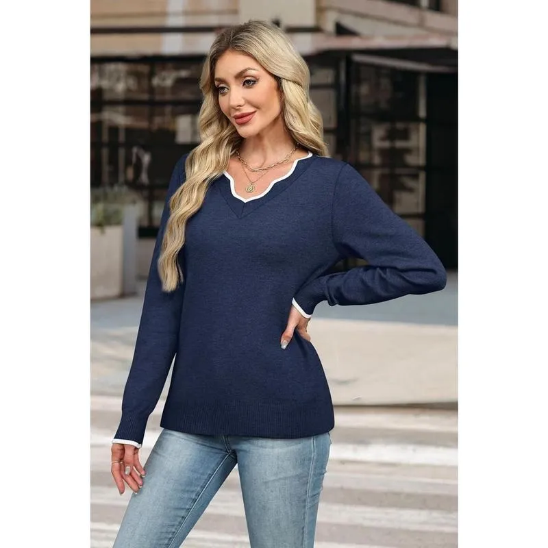 Women's Soft V-Neck Pullover Sweater Lightweight Knit Top for Layering Casual Apricot Longsleeves