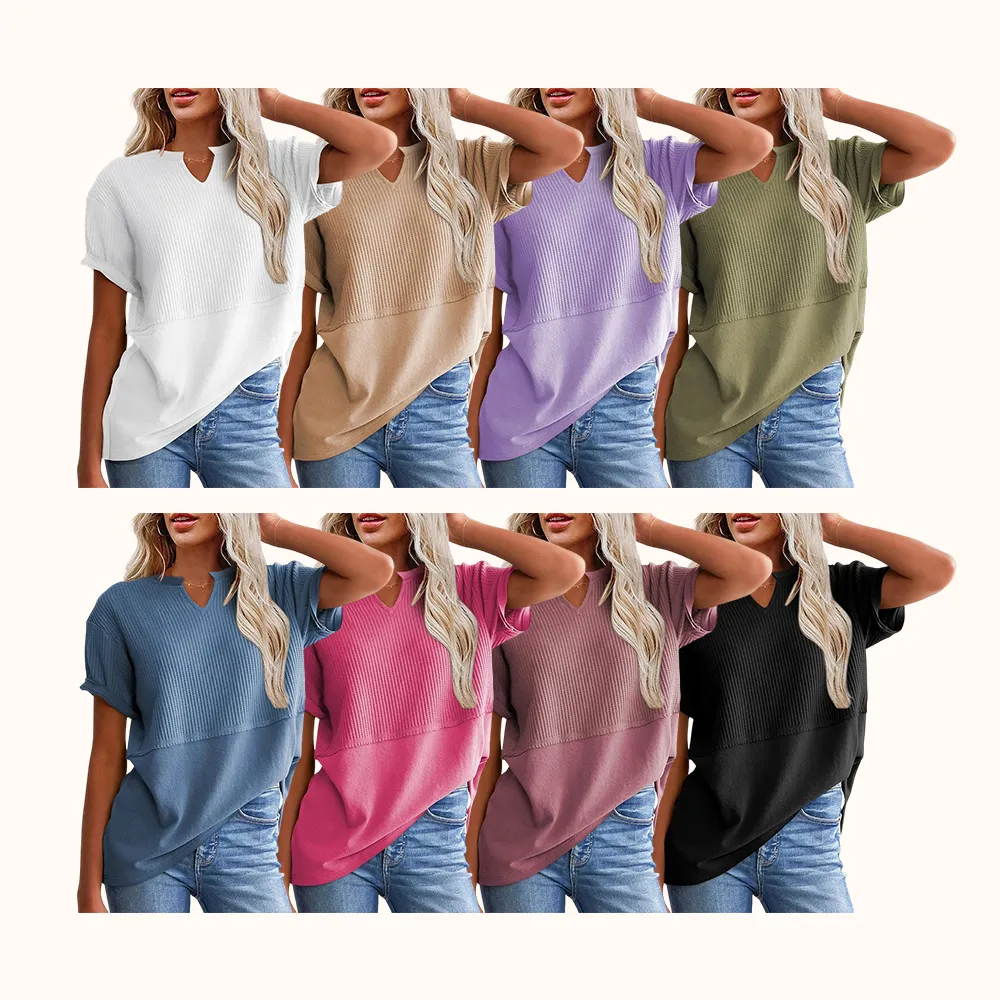 2026 Spring/Summer Cozy Oversized Waffle Knit V-Neck Top Women's Short Sleeve Pullover