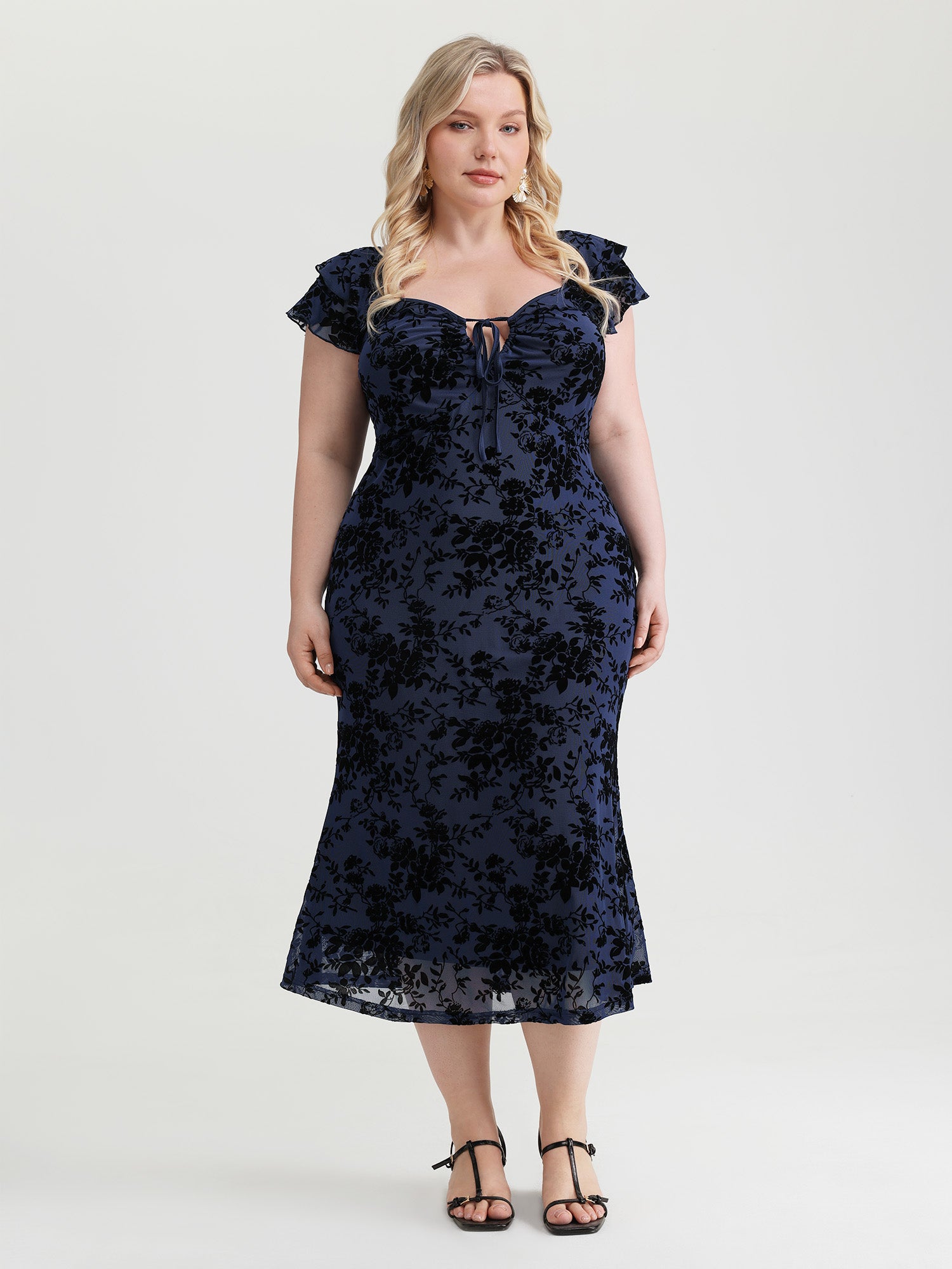 Floral Flocked Mesh Ruched Drawstring Midi Dress