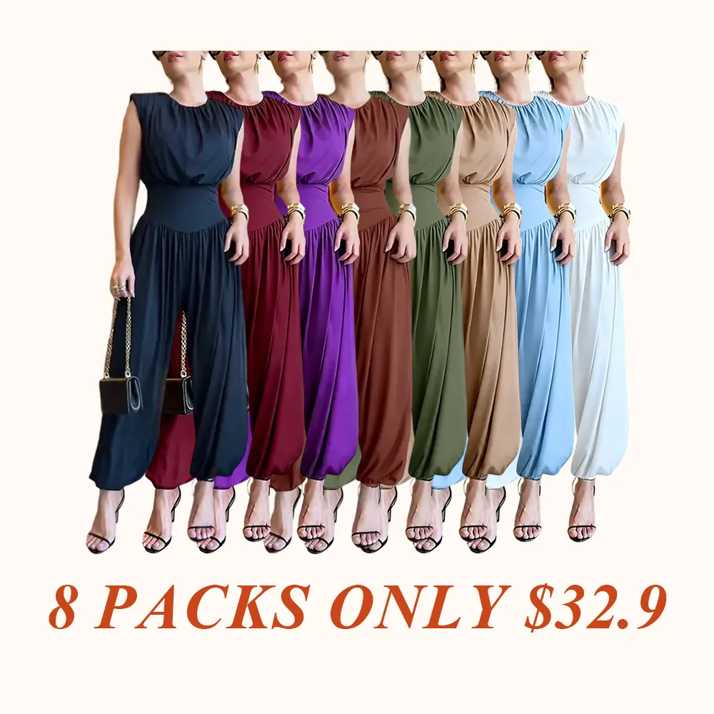 Women's Padded Shoulders Sleeveless Cinched Basque Waist Side High Slit Overalls Casual