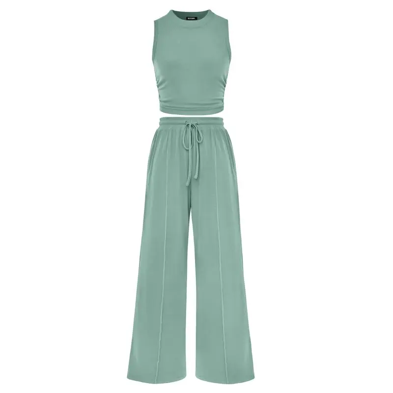 Women's 2-Piece Ribbed Knit Sleeveless Cropped Top & Wide Leg Pants