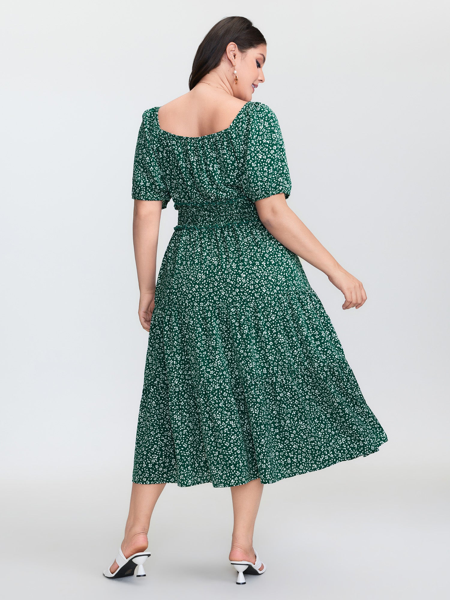 Floral Print Shirred Waist Midi Dress