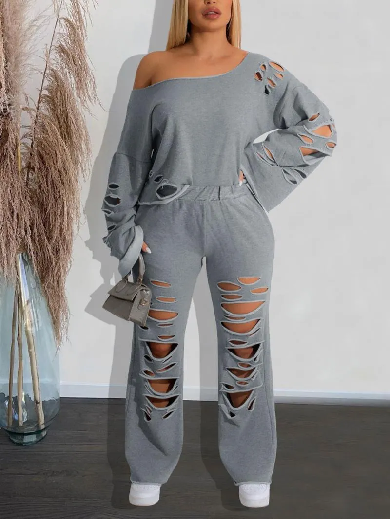 Women's Ripped Asymmetrical Neck Pullover & Wide Leg Pants Set