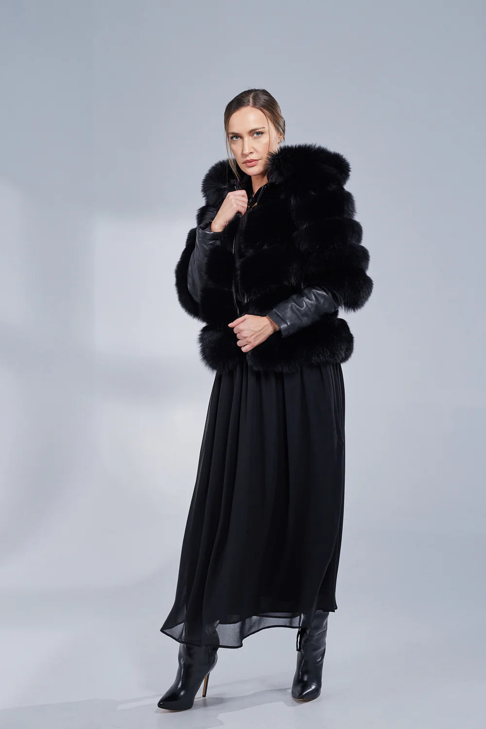 Haină din Blană Naturală de Vulpe, cu Glugă și Mâneci din Piele, Obsidian 251