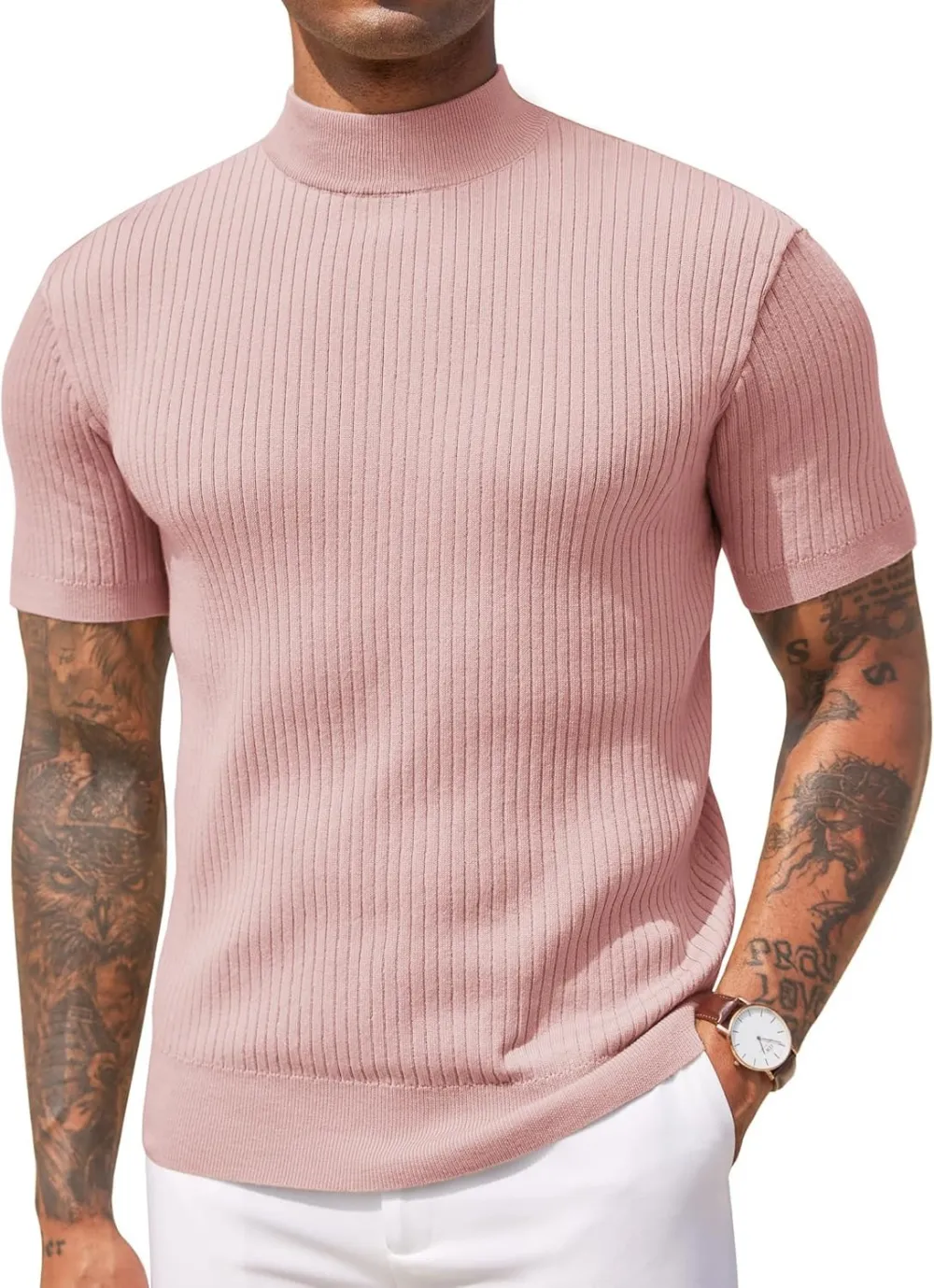 Men's Mock Turtleneck Sweater Short Sleeve Casual Basic Tops Ribbed Knit Pullover Solid Tee(100%Polyester)