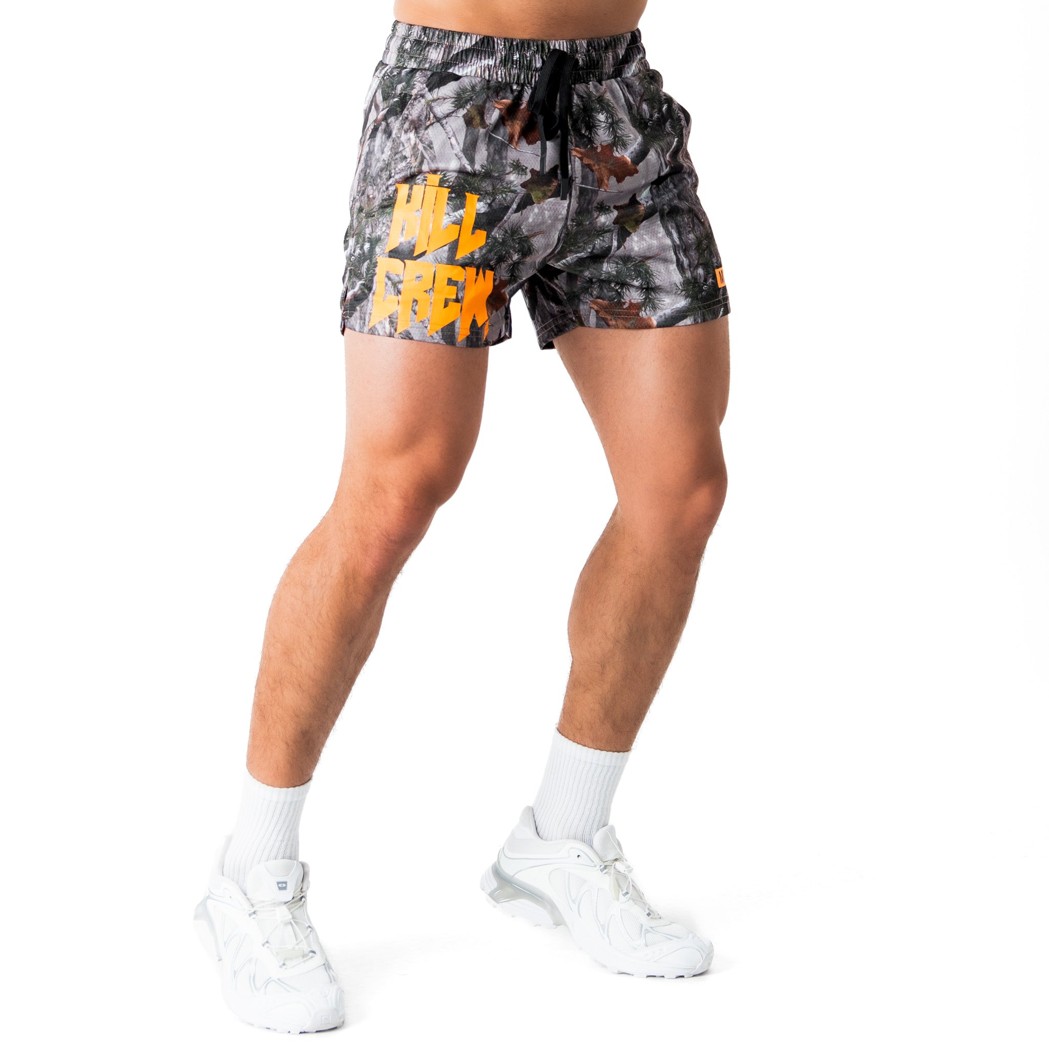 MUAY THAI SHORTS (MID THIGH CUT) - CAMO / ORANGE