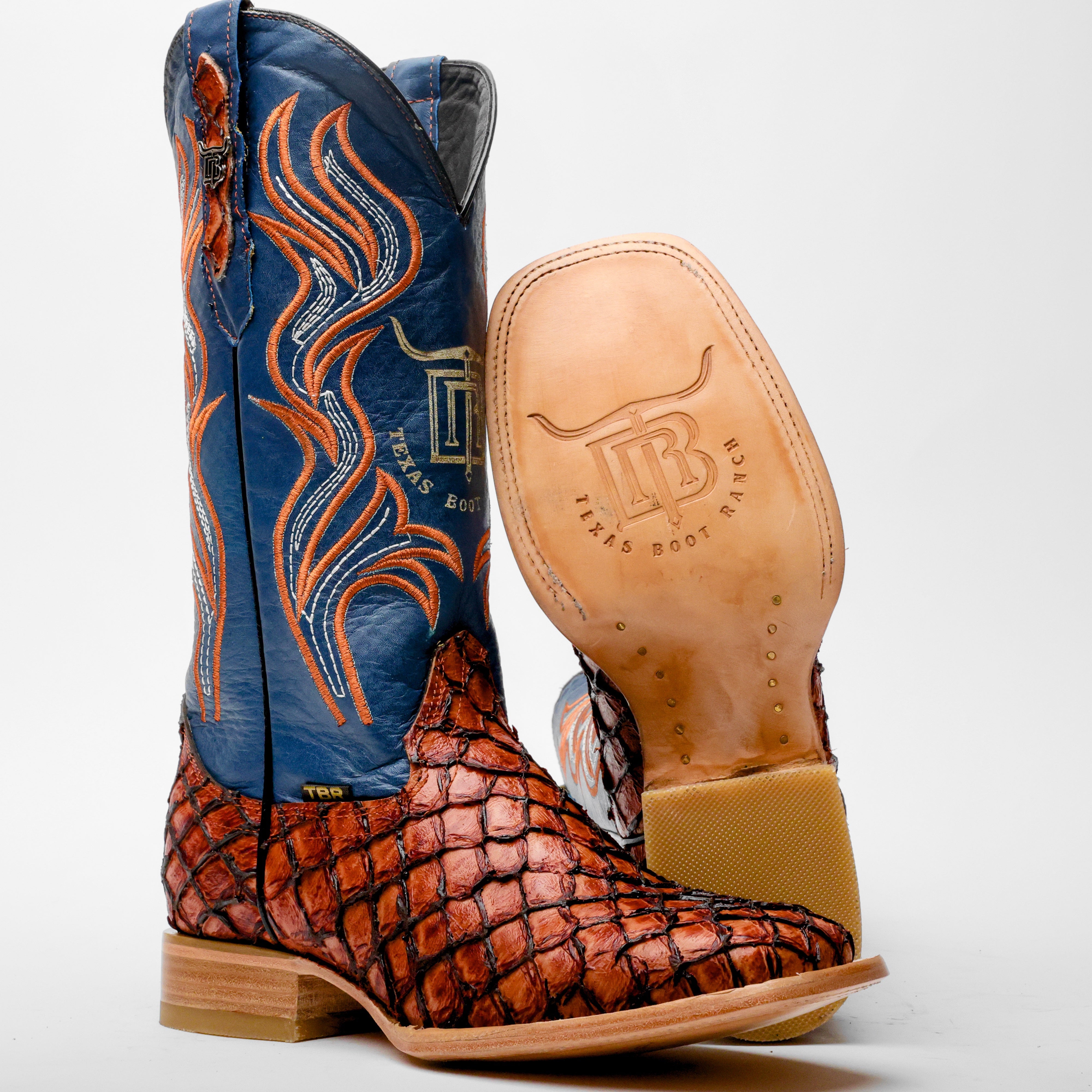 Cognac Mini Pirarucu Leather Boots - Square Toe