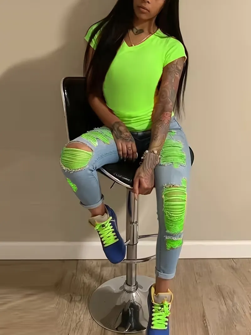 Women's Fashion Yellow Ripped Distressed Skinny Jean Slim Fit Denim Pants