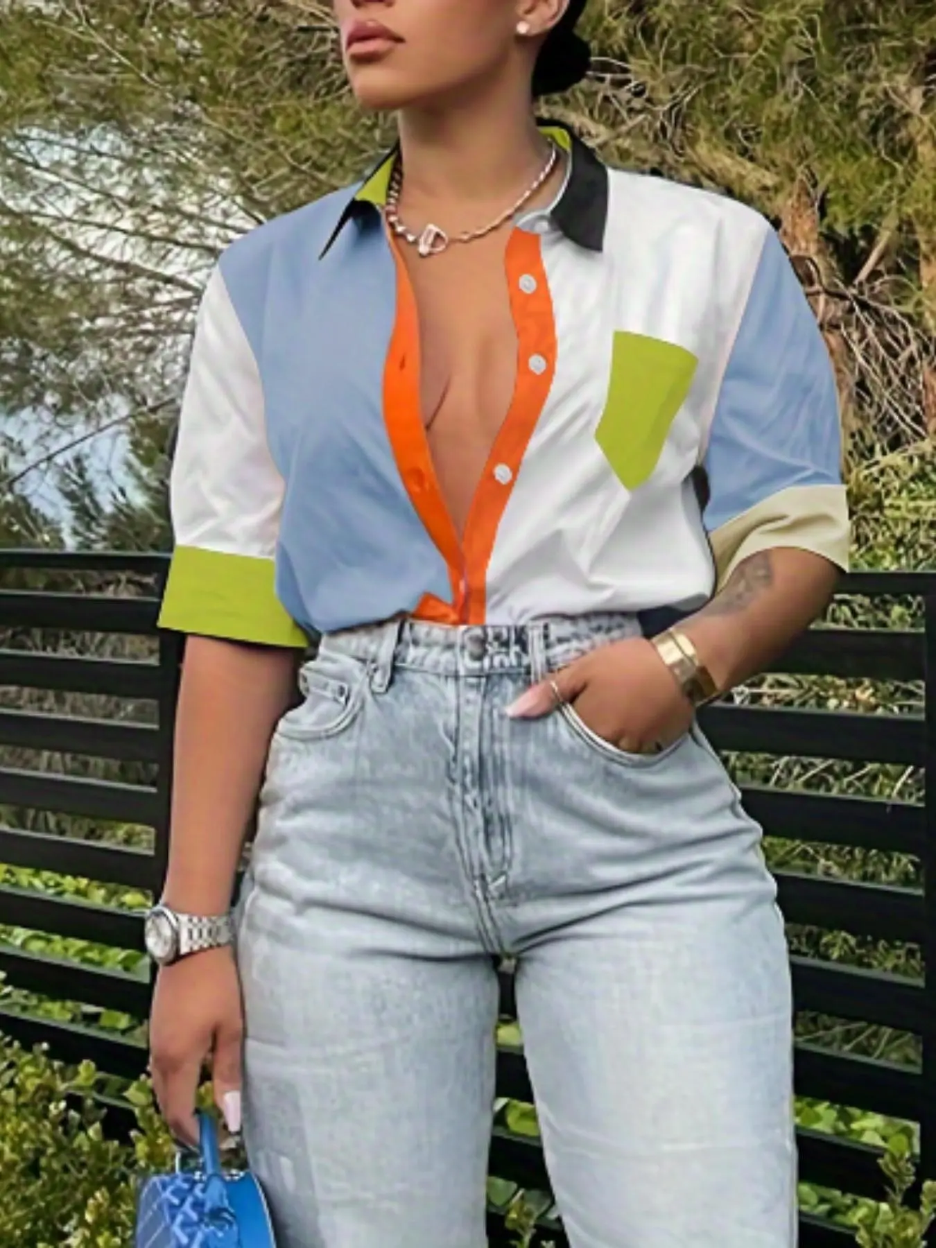 Women's Colorblock Pocket Button Front Shirt, Blouse, Summer Clothes for Women