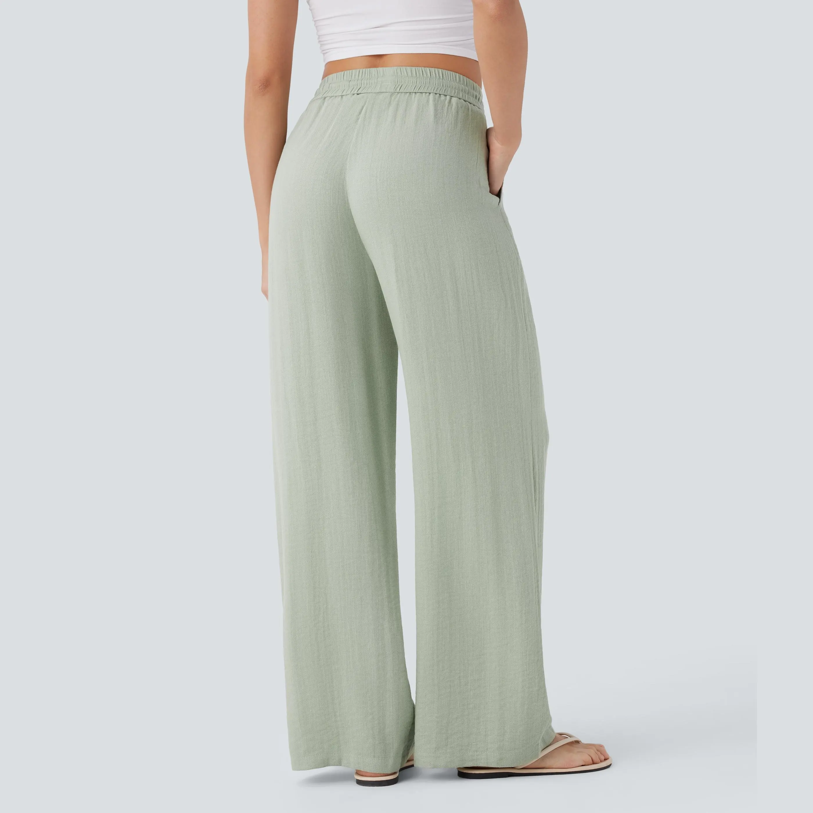 High Waisted Drawstring Pocket Wide Leg Casual Linen-Feel Pants