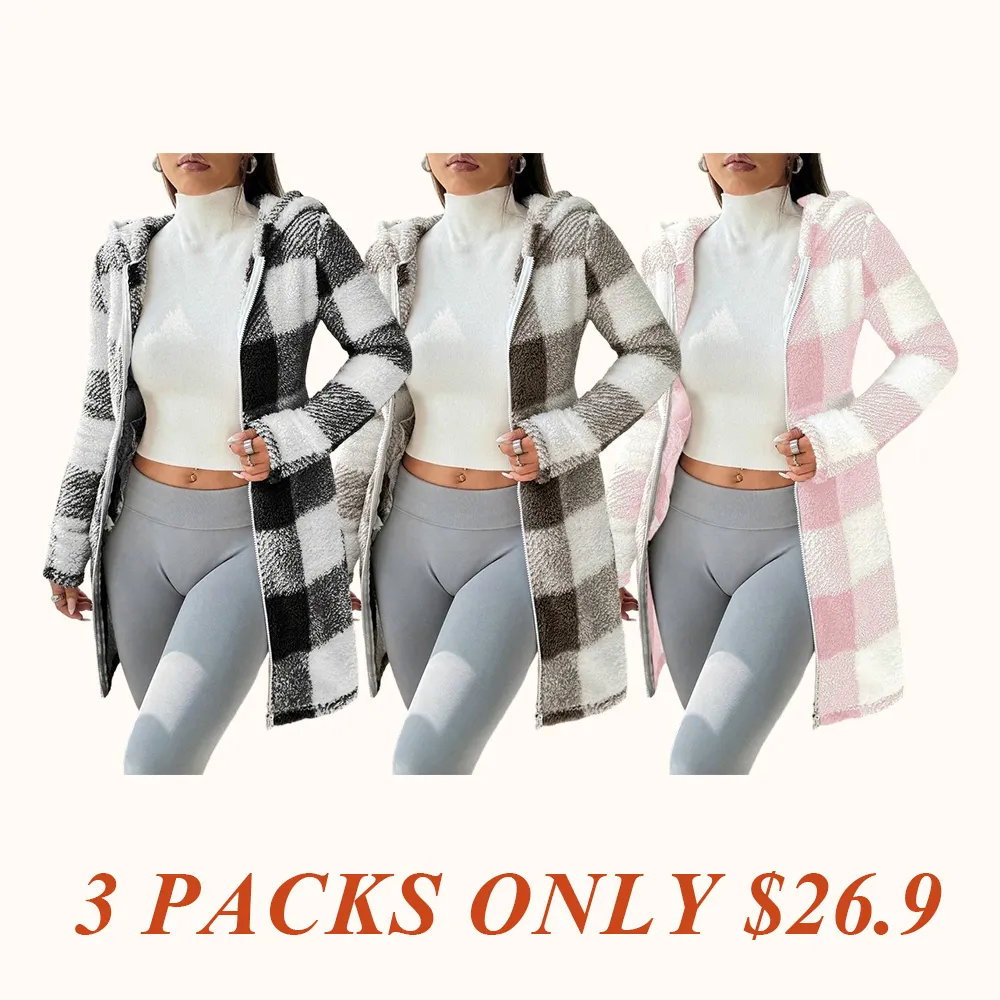 Women's Plaid Fleece Long Sleeve Hooded Coat