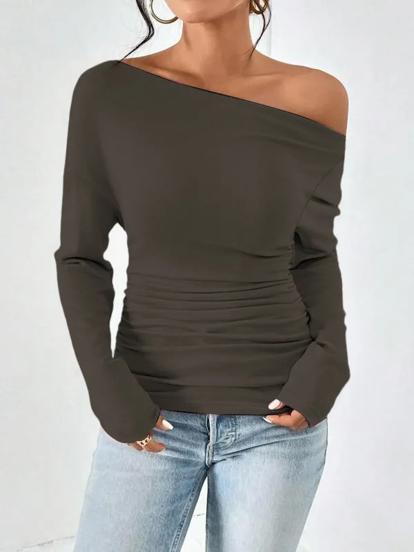 Women's Plain Ruched Asymmetrical Neck Drop Shoulder Tee