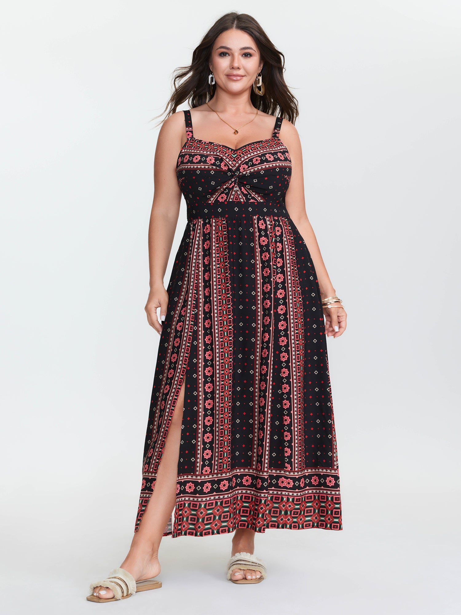 Boho Print Color Contrast Cami Maxi Dress
