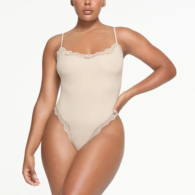 Women's Spaghetti Strap Lace Trim Breathable Bodysuit