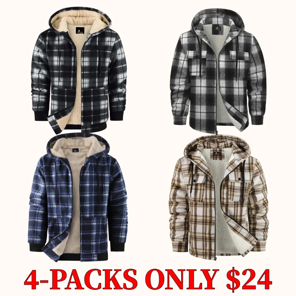 Men's thickened plaid fleece hooded jacket, warm winter jacket with sherpa lining and full zipper closure