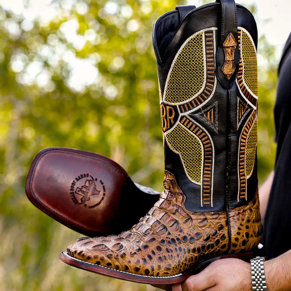 Honey Caiman Neck Leather Boots - Square Toe