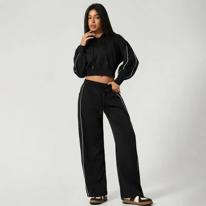 Women’s Hooded Tracksuit Set (Cropped Hoodie + Wide Leg Pants)