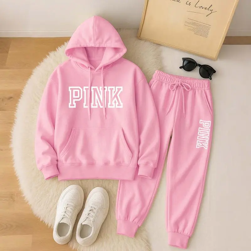 Women's Pink Print Hoodie And Drawstring Track Pants Set, Casual Sportswear