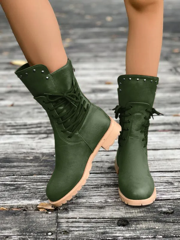 Women's Fashion Solid Color Lace-up Ankle Boots