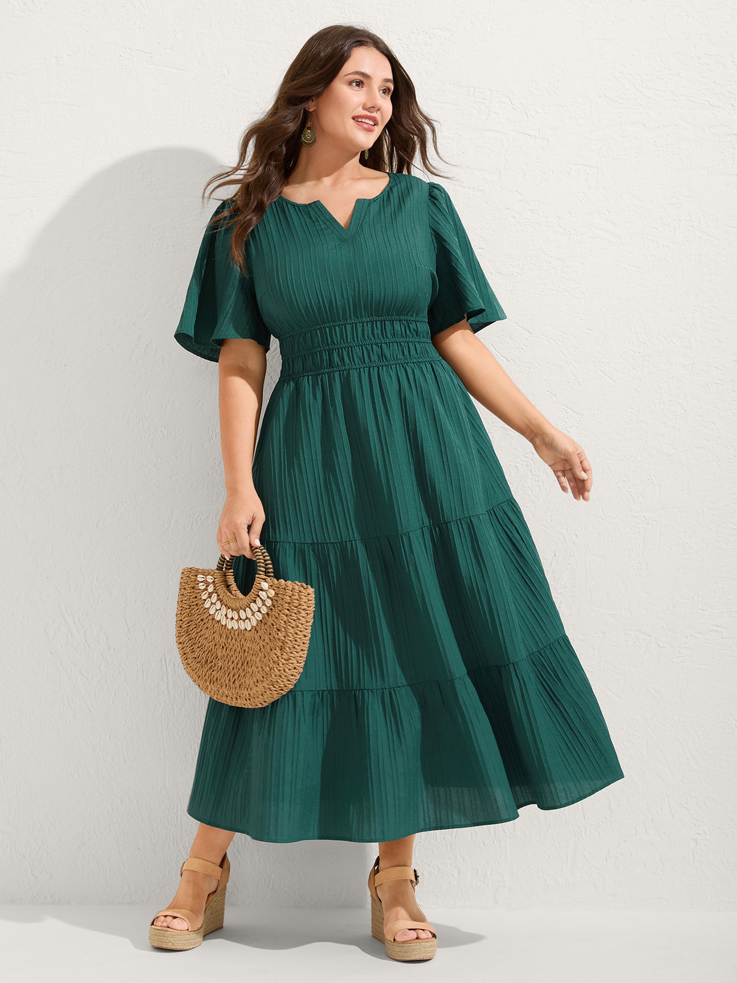 Textured Shirred Cinched Waist Maxi Dress