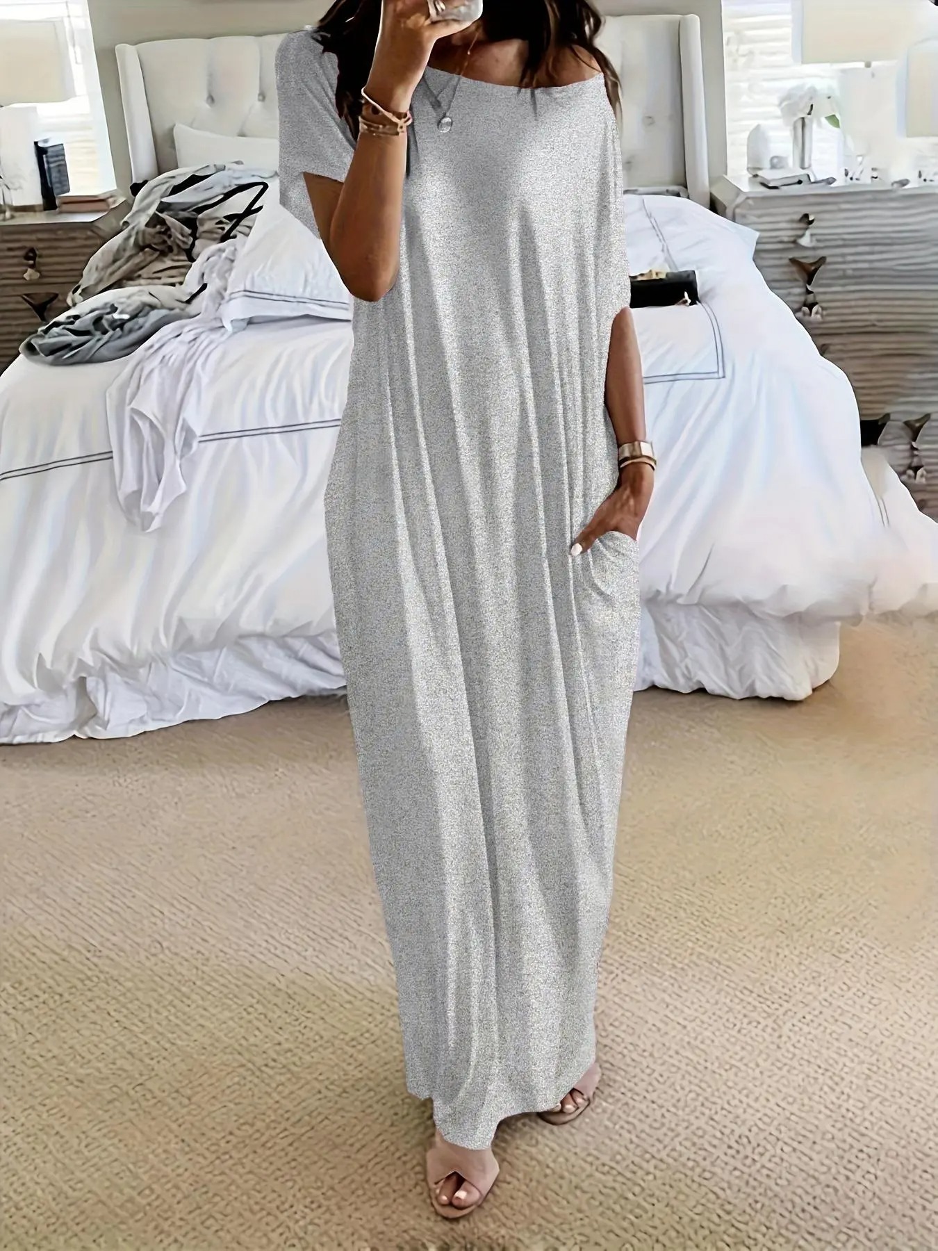 Women’s Relaxed Batwing Maxi Lounge Dress with Pockets