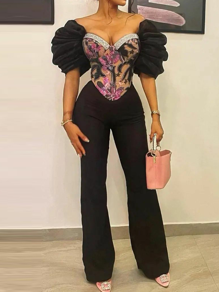 Stylish V-Neck Floral Printed Ruffled Split-Joint Straight Leg Jumpsuits