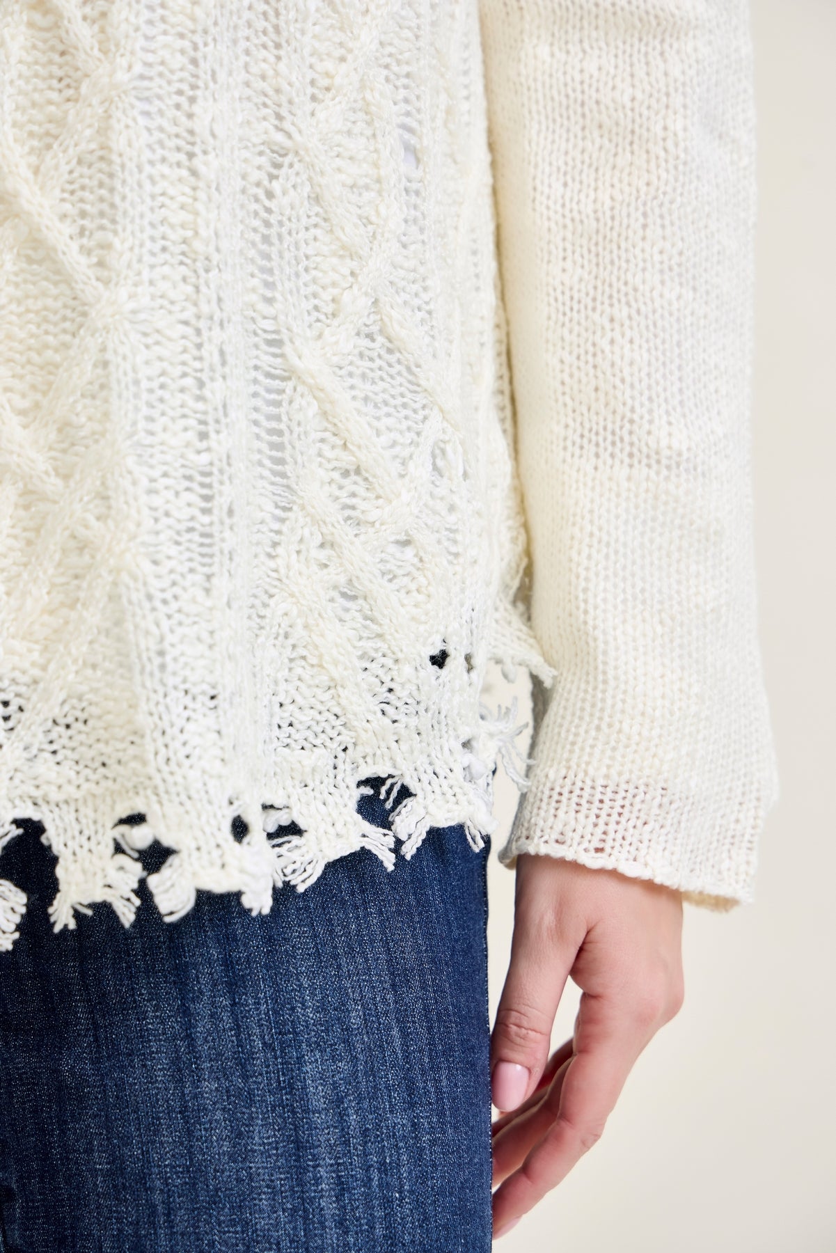 Cable Front Fringe Pullover White Sweater