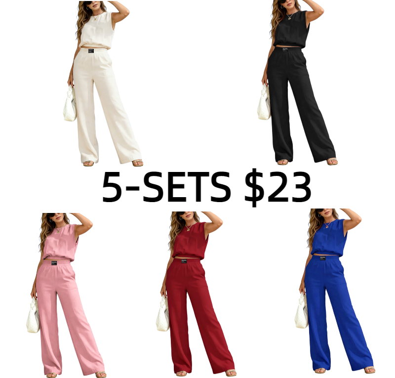 Viral Summer Two Piece Outfit for Women, Sleeveless Crop Top and High Waist Wide Leg Pants