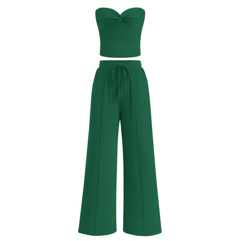 Two-Piece Sets For Women Summer Ribbed Strapless Twist Knot Tube Top Pants Set