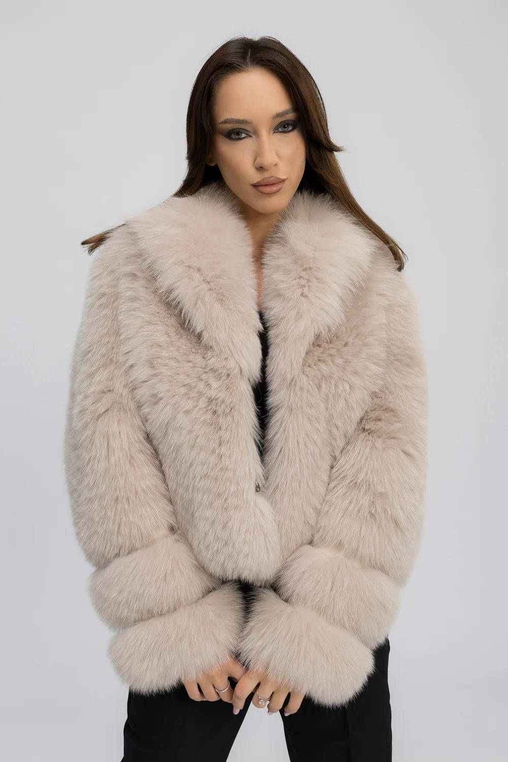 Haină din Blană Naturală de Vulpe Polară, cu Guler Rever, Femei, Ivory Cloud 471