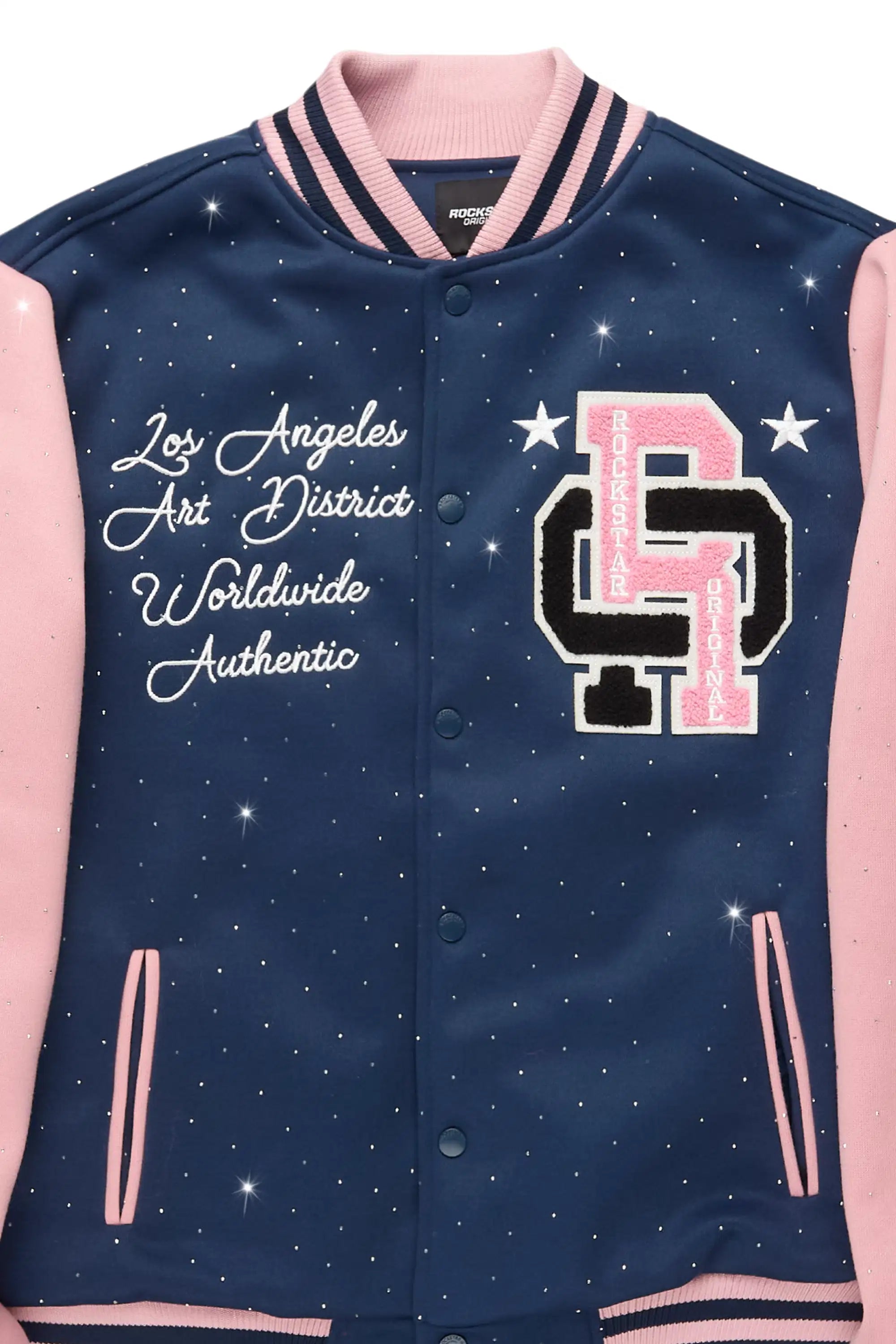 Ranesha Navy/Pink Rhinestone Varsity Jacket