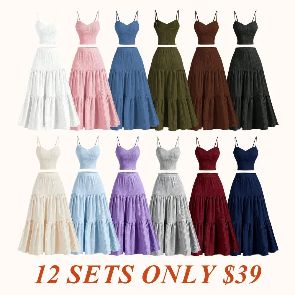 Women's Solid Crop Cami Top & A-line Skirt Two-piece Set, Casual Fashion Cozy Two Piece Outfits for Daily Outdoor Wear