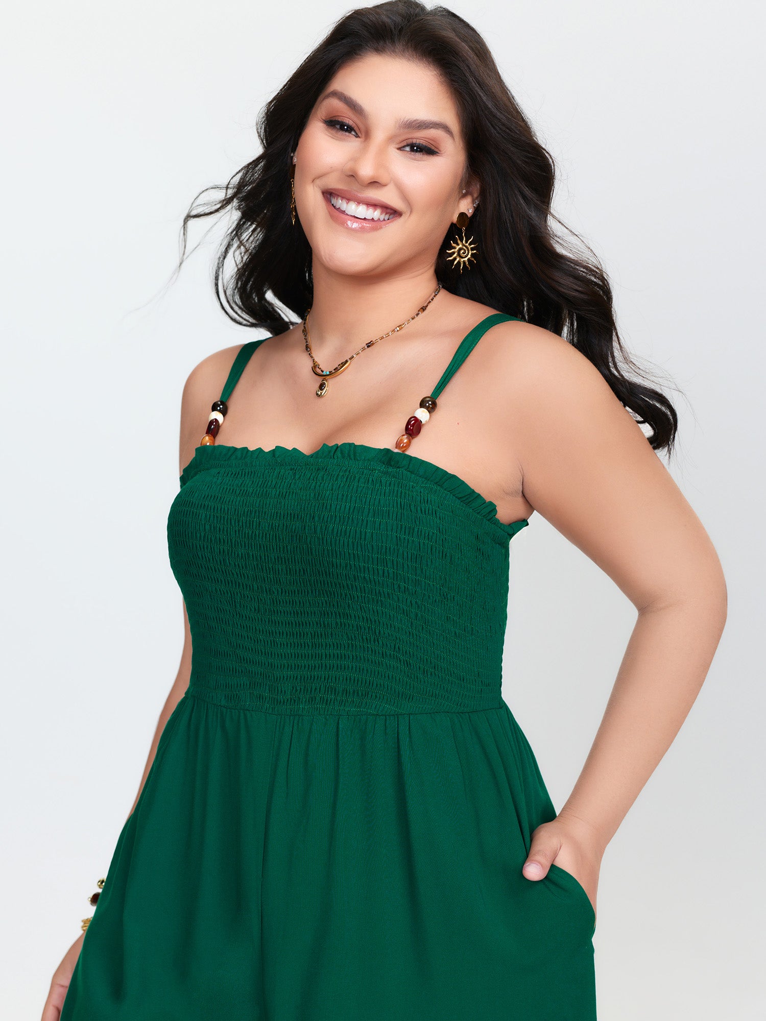 Shirred Bodice Adjustable Wide-Leg Jumpsuit