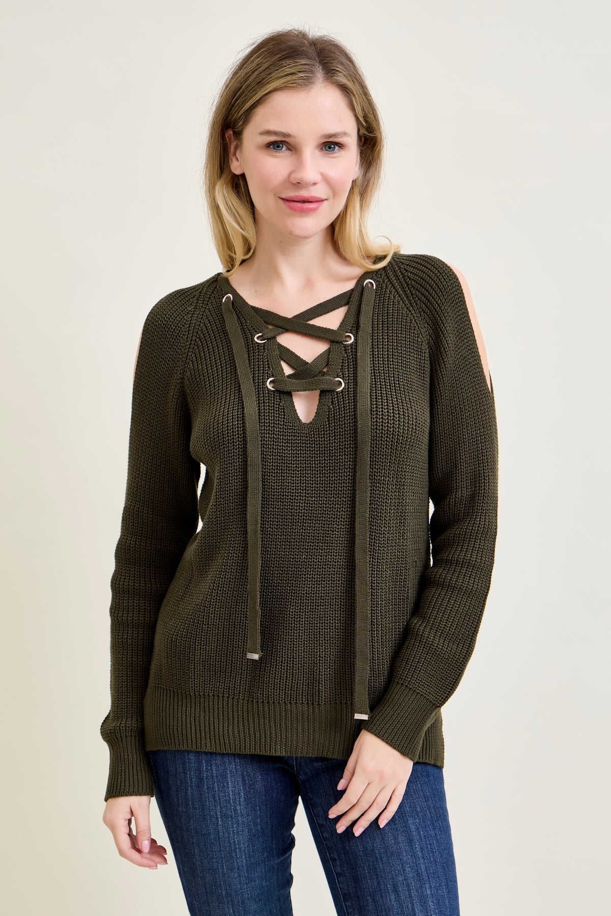 V-Neck Lace-Up Cold Shoulder Green Sweater