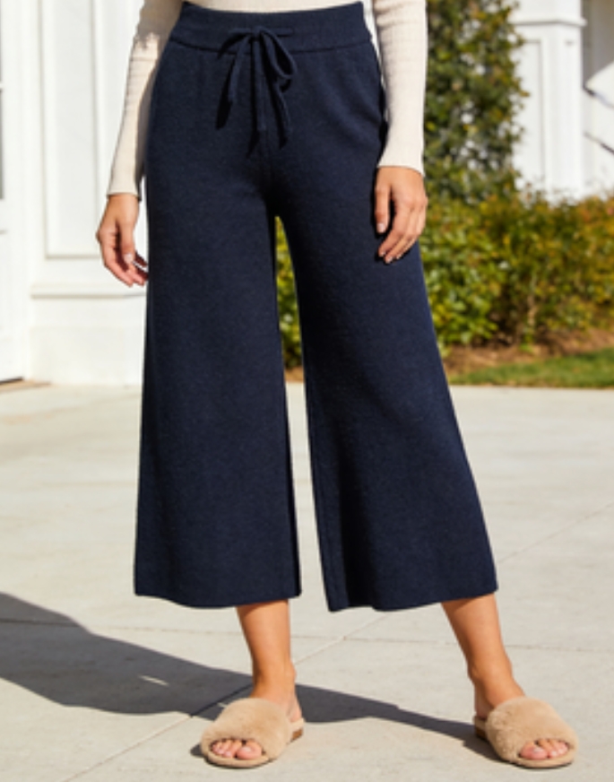Cozy Brushed Knit Crop Wide-Leg Pants Navy Blue