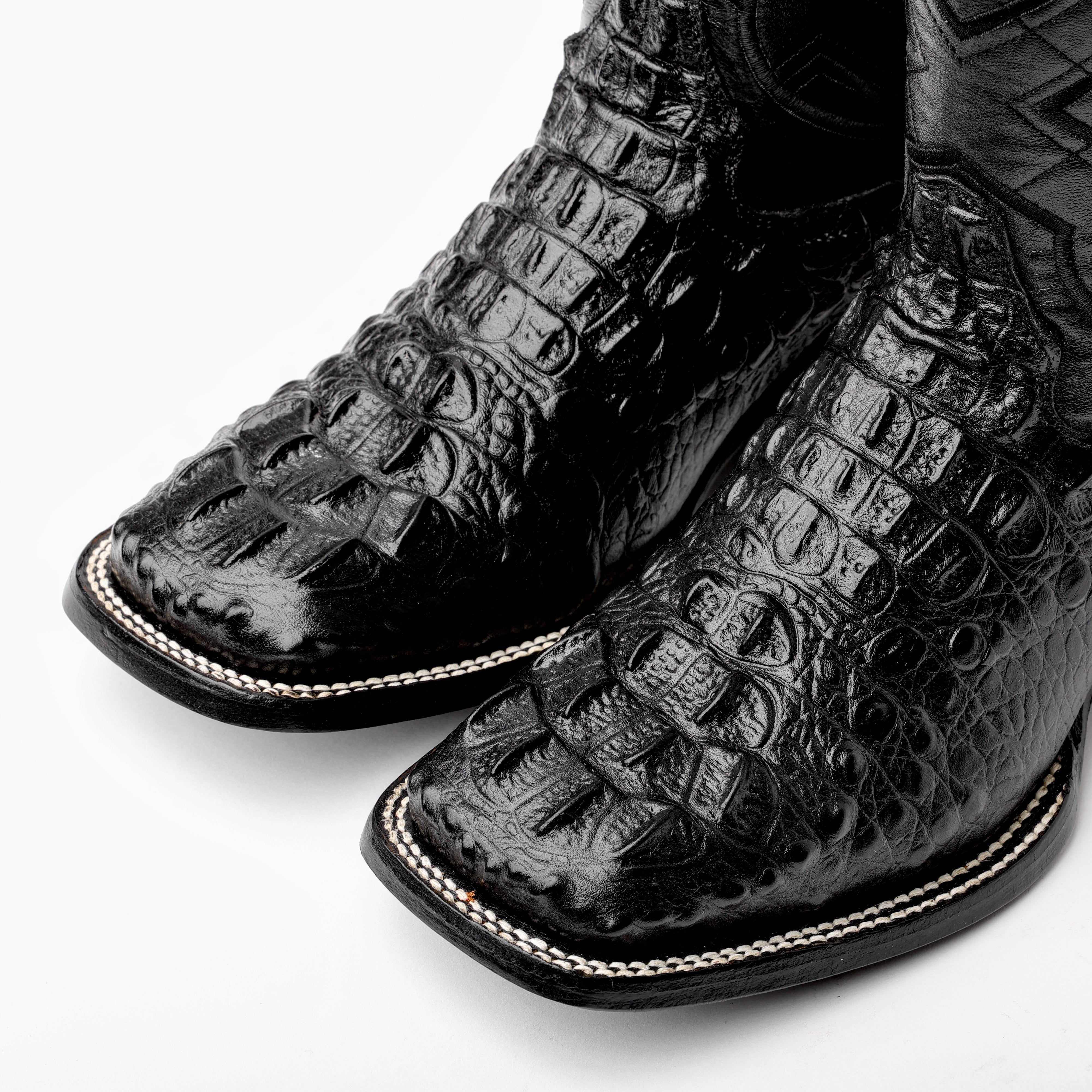 TOTAL BLACK Caiman Neck Leather Boots - Square Toe
