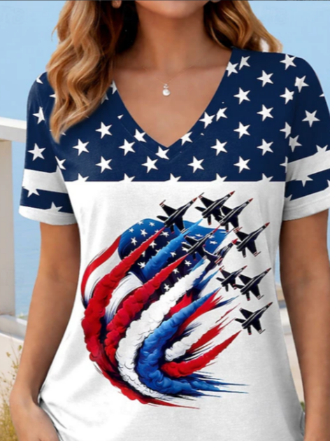 Women's Short Sleeve T-shirt Summer White America Flag Printing V Neck Holiday Going Out Vintage Top