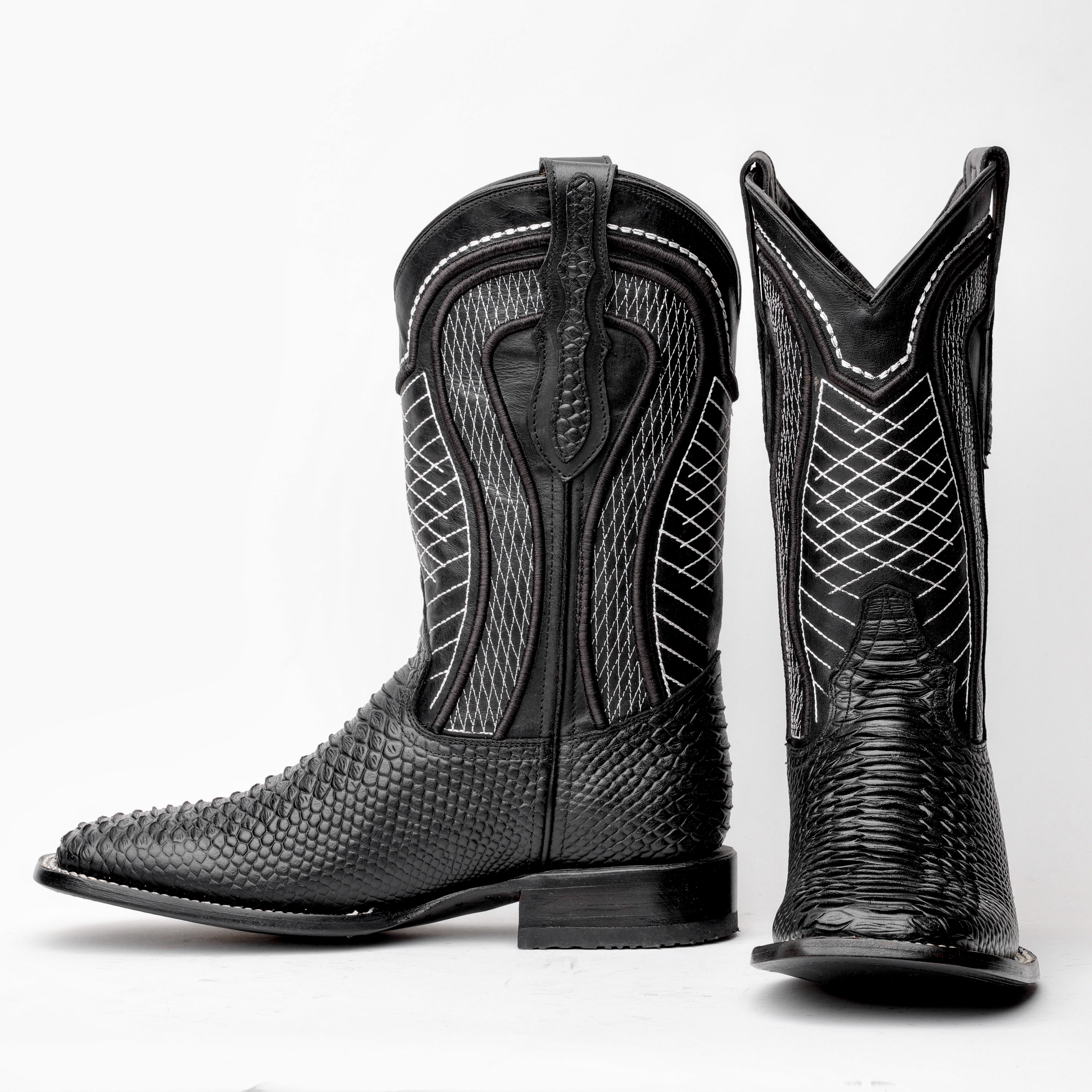 Black Python Leather Boots - Square Toe