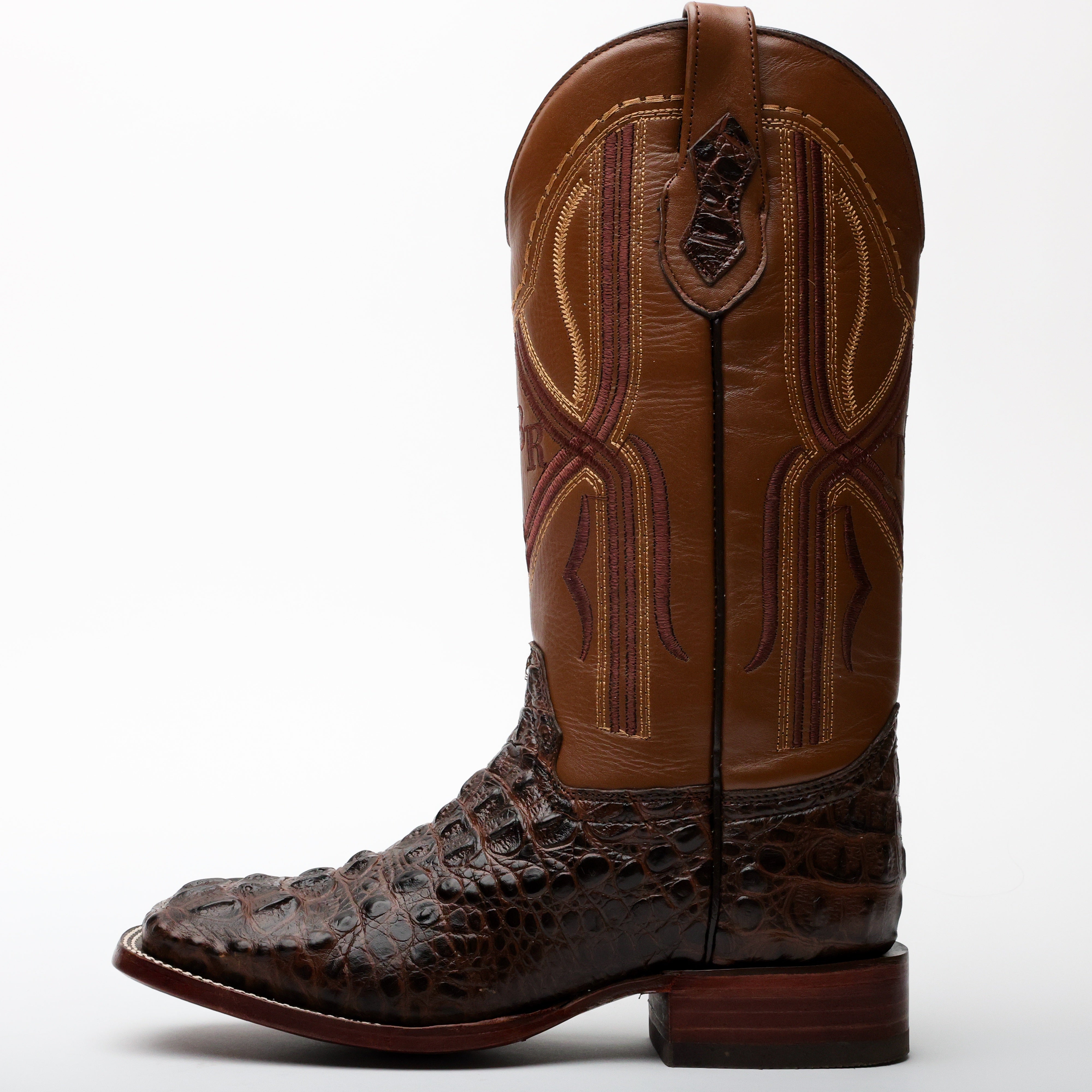 Brown Caiman Neck Leather Boots - Square Toe