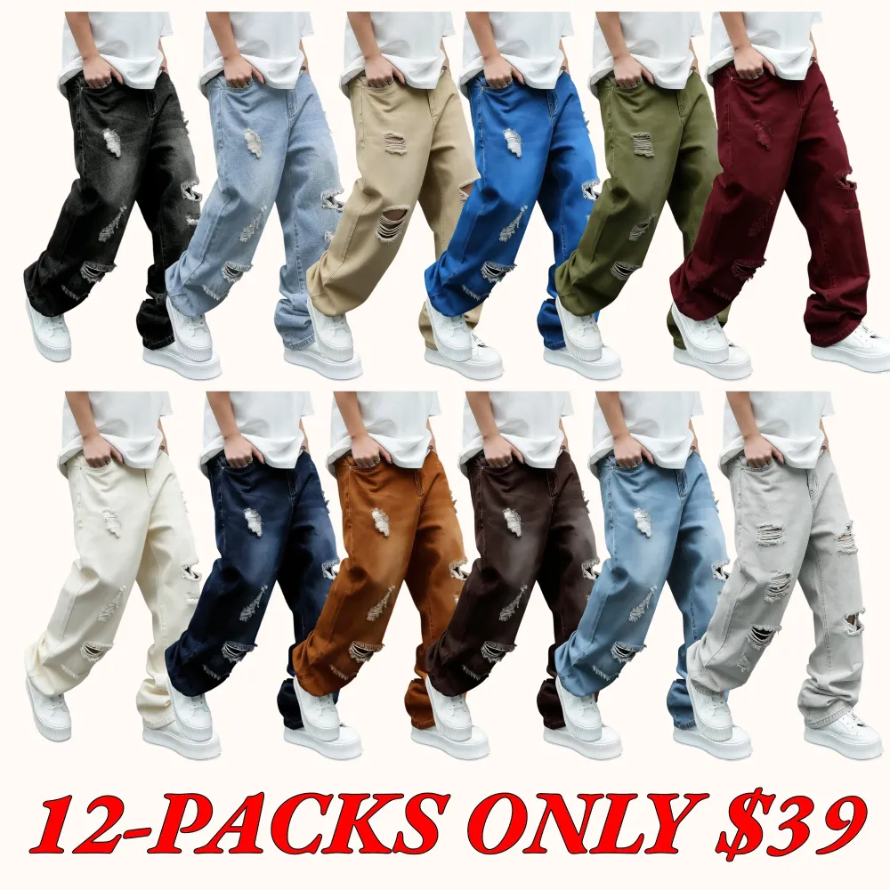 Men's Trendy Loose-Fit Jeans: American Retro-Style Distressed, Casual Wide-Leg Flared Denim